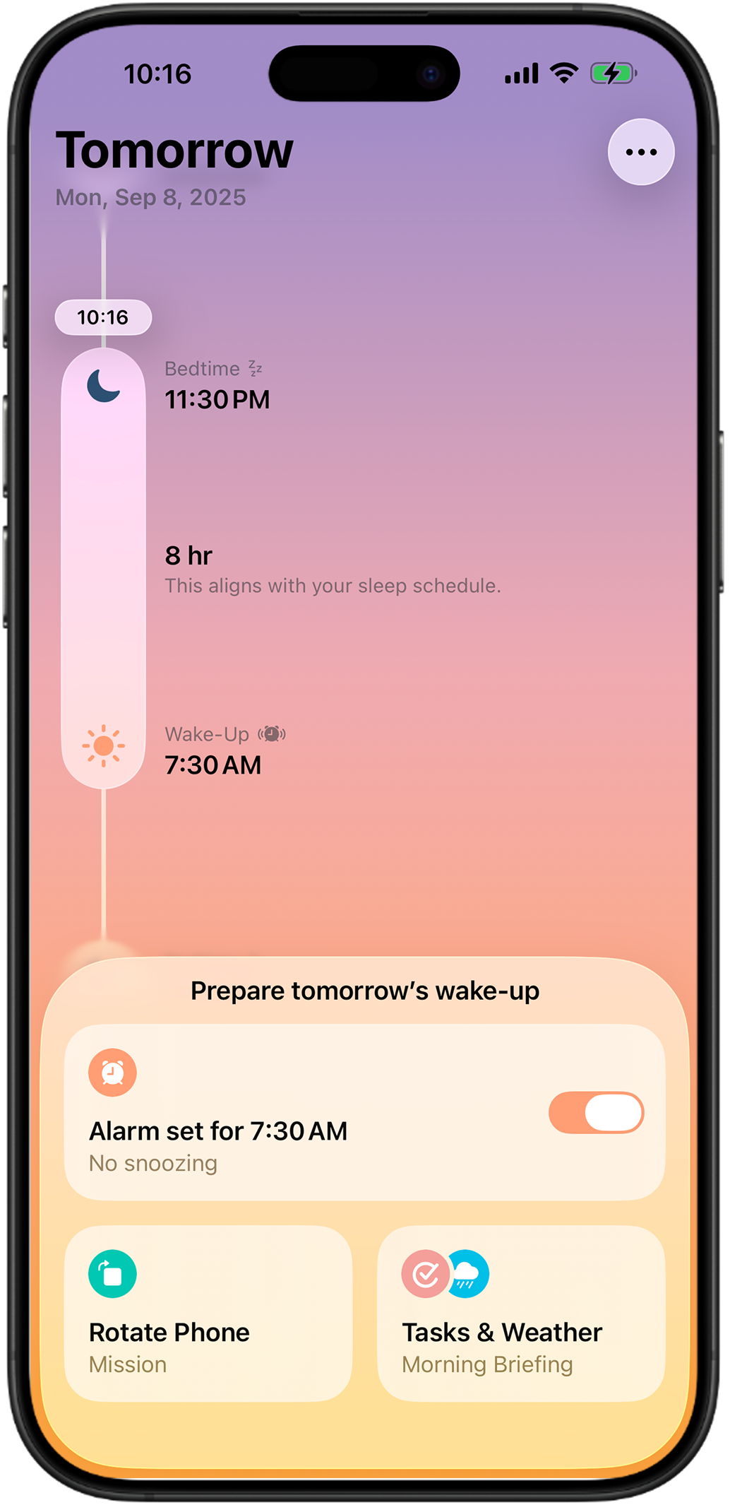 Awake main screen showing tomorrow's alarm